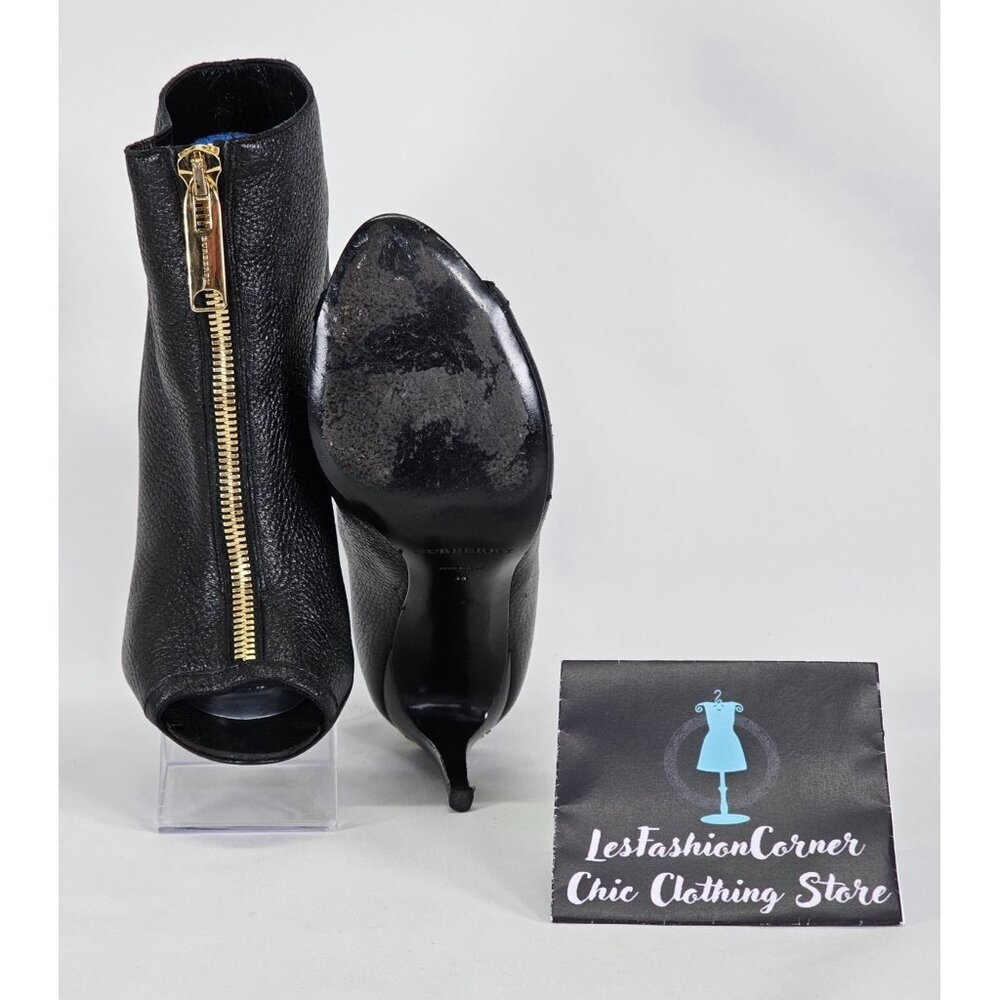 Burberry Women's Grained Black Leather Peep Toe Ankle Booties Size 9.5 (40) 141 - Picture 3 of 16